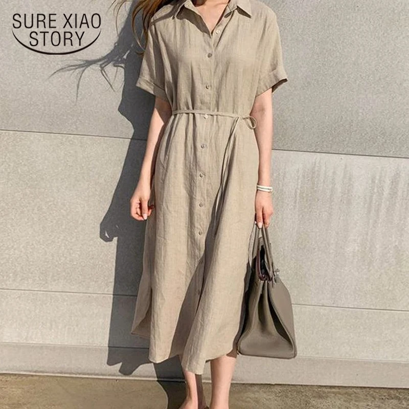 

Simple Casual Loose Lapel Women Shirt Dress 2022Spring Summer Single-Breasted Lace-Up Short Sleeve Female Dress Robe Femme 9948