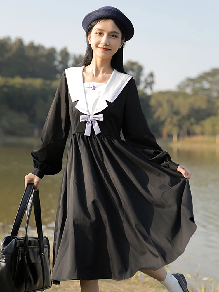 

Summer New Style Day Department Women's Dress College Wind Girl Temperament Black Dress Navy Gets Jk Style Black Long Dress