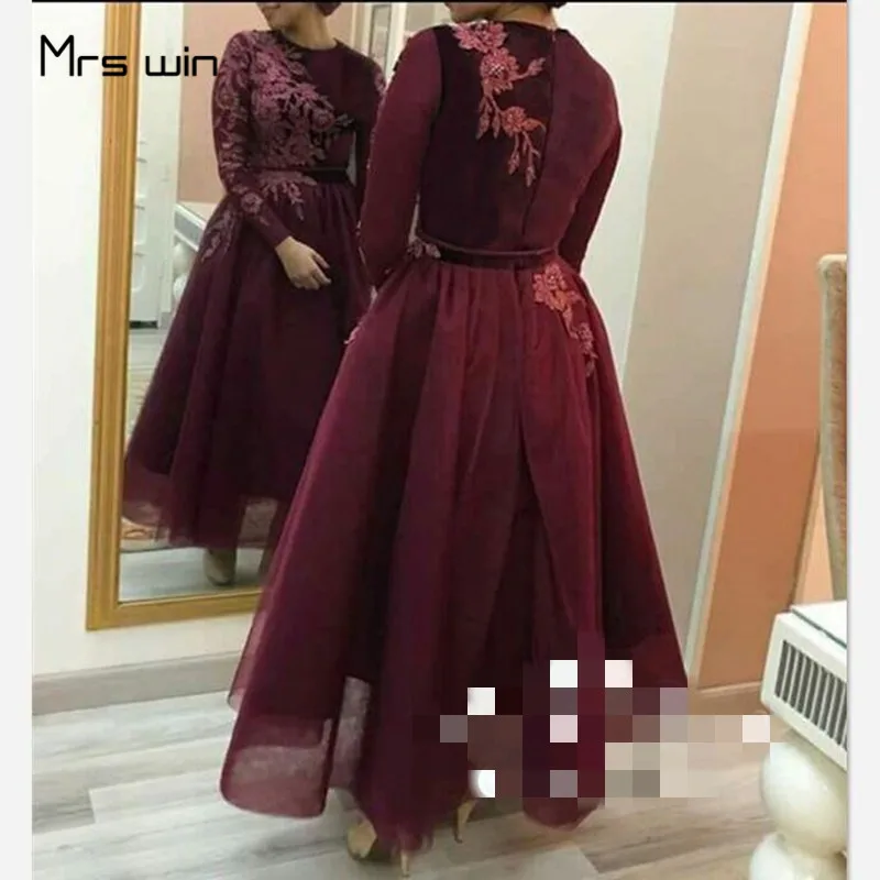 

Mrs win Mother Of The Bride Dresses Burgundy A Line HR358 With Long Sleeves Lace Appliques Ankle Length Elegant Mothers Dresses