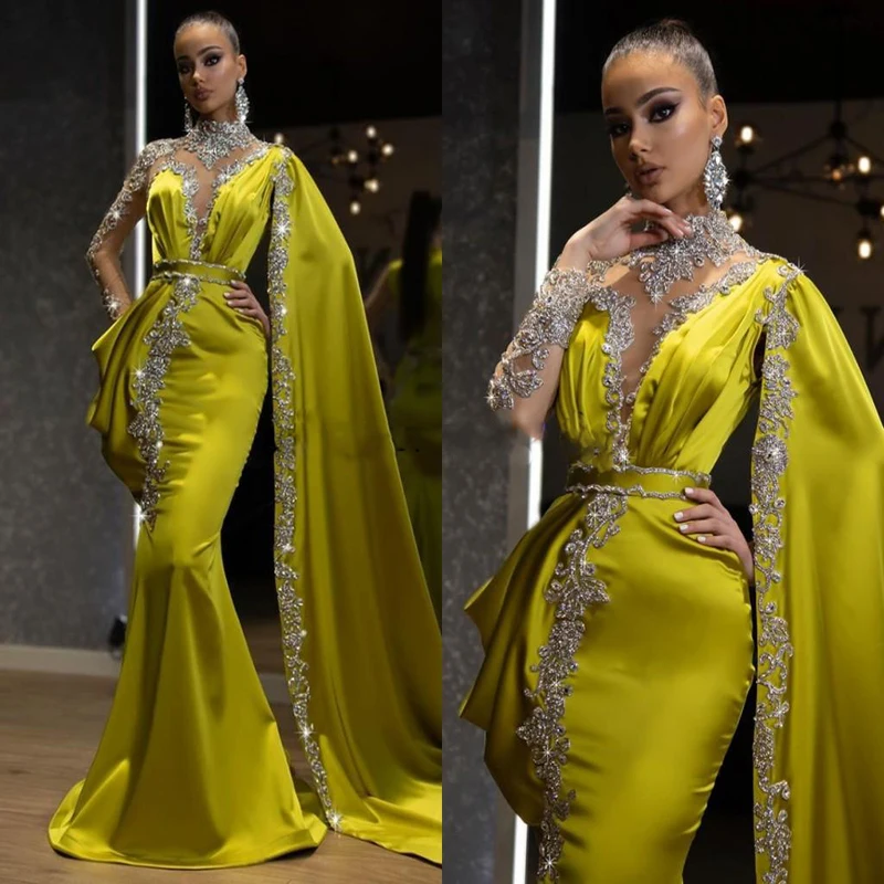 Lemon Luxury Crystal Mermaid Formal Evening Dresses With Cloak One Full Sleeves High Collar Beaded Long Prom Gowns vestidos de n