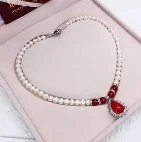 

Genuine 8-9MM Freshwater pearl Necklace jade pendant accessories 925 silver Clasp Zircon crystal Jewellery