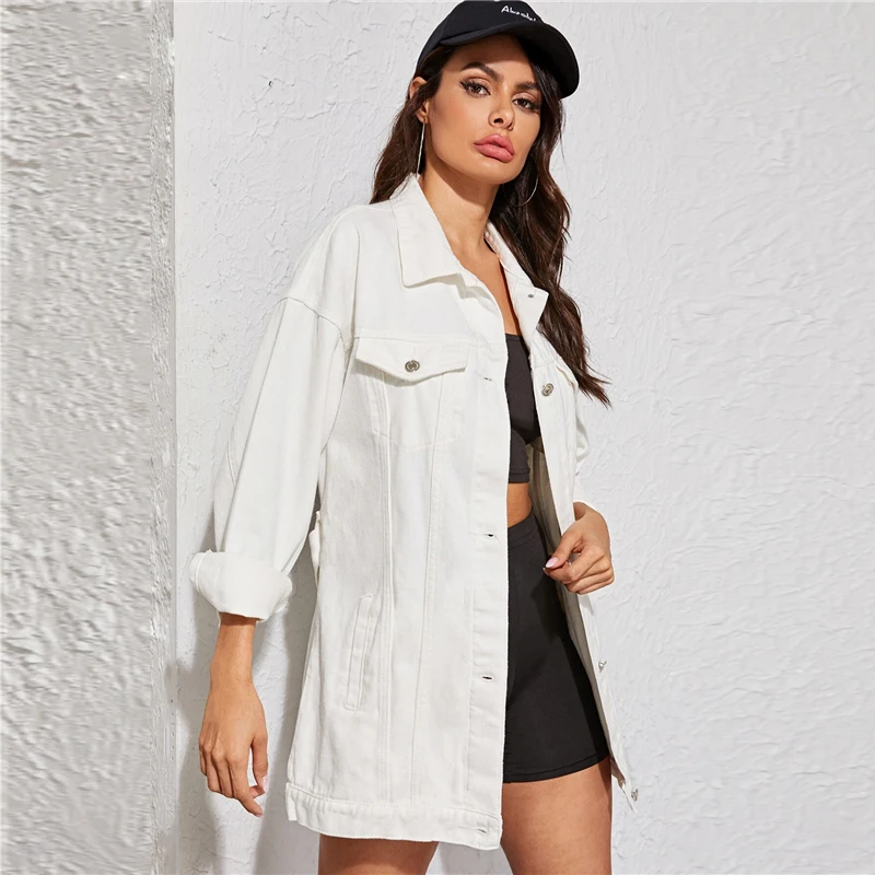 SHEIN белая выбеленная длинная джинсовая куртка с поясом Женская осенне-Весенняя верхняя одежда с воротником на пуговицах