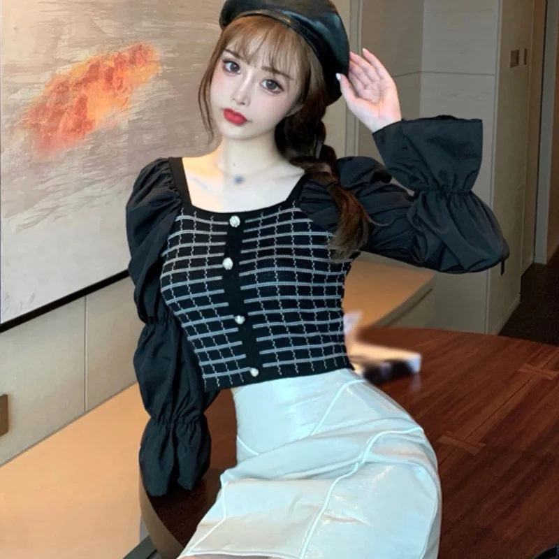 

Daxin Женская клетчатая Лоскутная футболка с квадратным воротником тонкий женский корейский топ Женская рубашка трикотажная футболка с пышн...