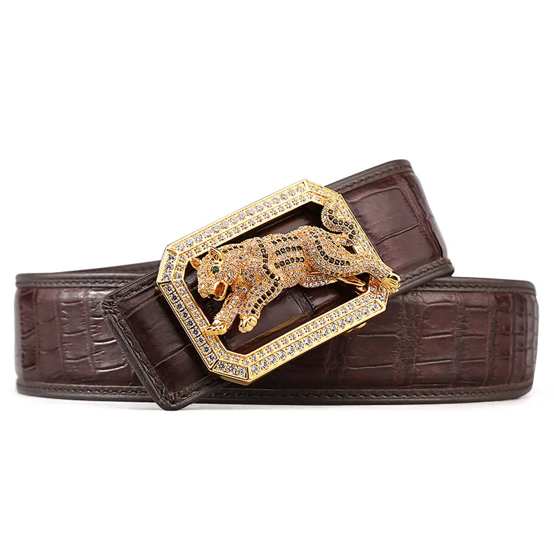 dog brown McParko Crocodile Belt Mens Leather Belts With Buckle Luxury Animal Design Genuine Leather Waist Belt with rhinestones Buckle - Цвет: dog brown