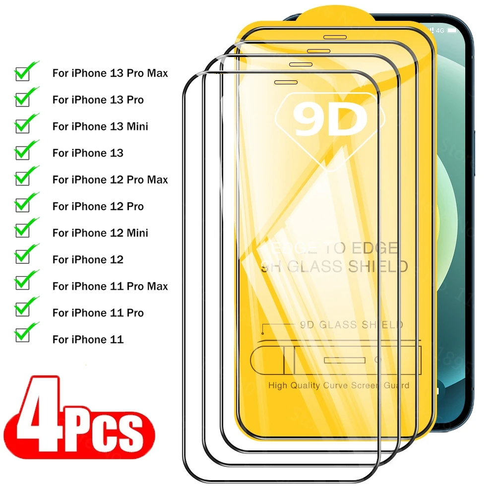 

Защитное стекло для iPhone 13, 12, 11, 13 Pro Max, Mini, XS, XR, 7, 8, 6s Plus, закаленное, 4 шт.