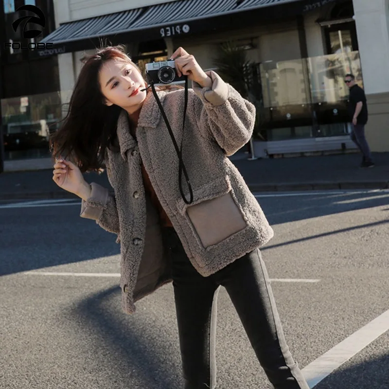 

2020 Женская Толстая теплая меховая куртка из овечьей шерсти, осенне-зимнее однобортное пальто с отложным воротником и карманом, повседневна...