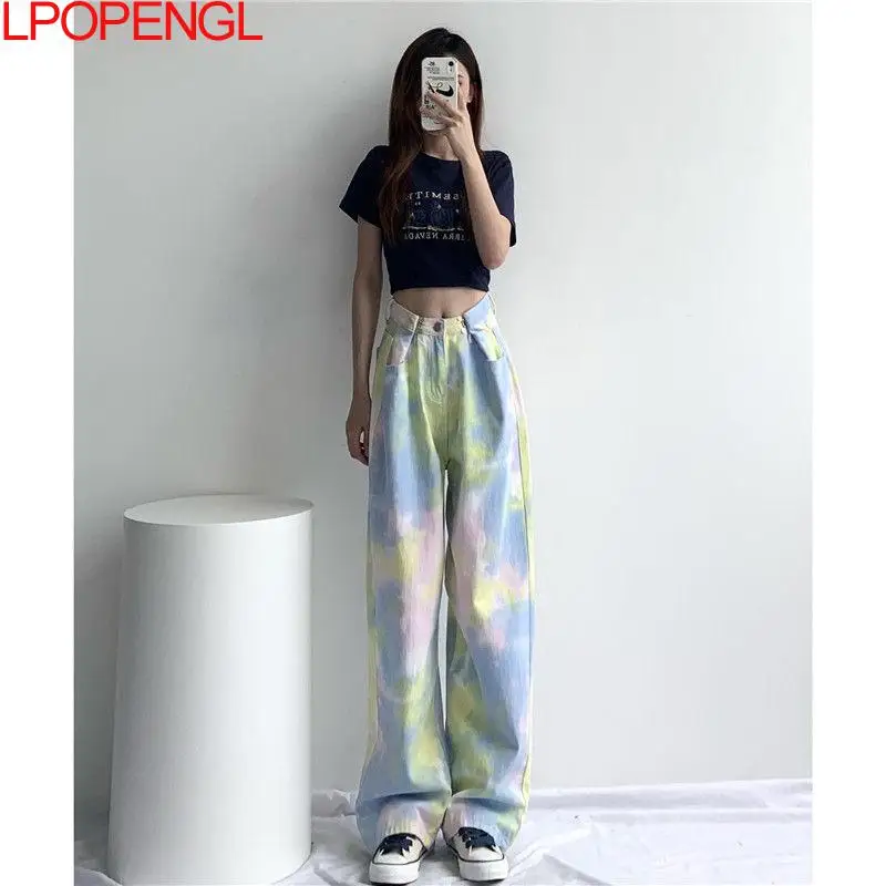 

Autumn Women High-waist Tie-dye Jeans 2021 New Casual Fashion Loose Retro Street Apparel Mopping Trousers Mom Washed Pants Y2k