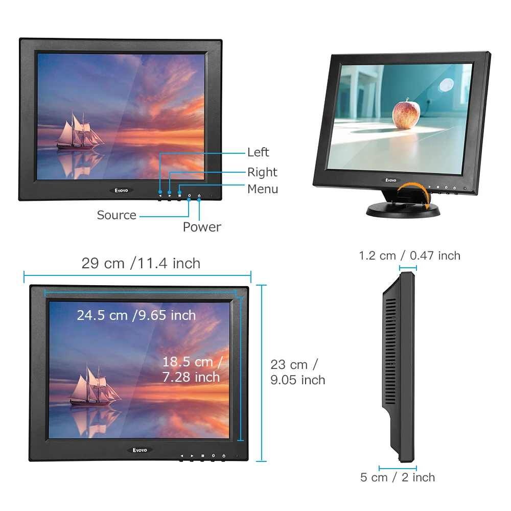 Eyoyo EM12W 12 inch 1024x768 TFT HDMI LCD Screen Computer Monitor VGA AV BNC For CCTV Security Raspberry Pi Camera PC DVR DVD |