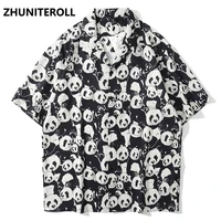 2021 harajuku summer hawaiian beach shirts panda print hip hop button shirt mens fashion short sleeve holiday party blouse tops
