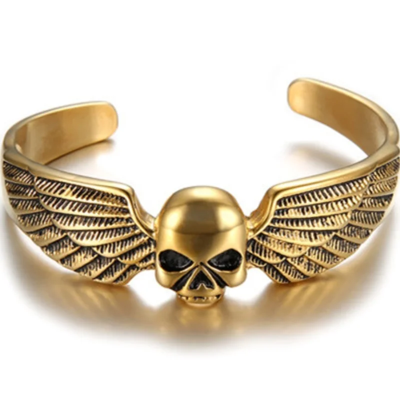 

New Trend Gothic Gold Color Skull Wings Cuff Bracelet Men's Street Domineering Motorcycle Party Jewelry Gift