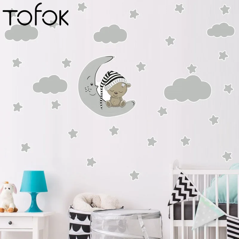 

Tofok Cartoon Lovely Stars Moon Bear Clouds Wall Stickers Home Decor Bedroom Kids Room Nursery Poster Art Mural Decal Wallpaper