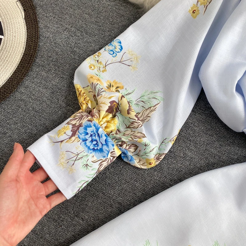 

Women elegant 2 piece set vintage floral print lantern sleeve loose blouse shirt + high waist mini skirt suits outfits