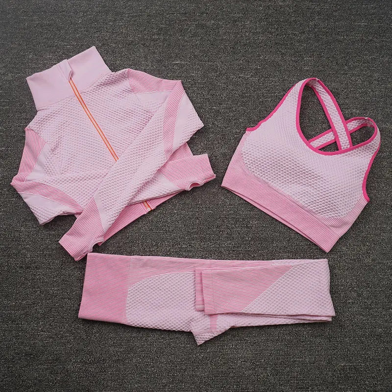 

3 PCS Women Yoga Sets Fitness Sport Wear Leggings High Support Bra Crop Top Workout Clothes Gym Seamless Yoga Suits Gym Clothes