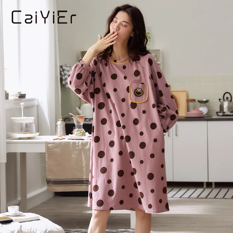 CAIYIER новинка 2020 свободная Ночная рубашка в синий горошек хлопковая ночная с