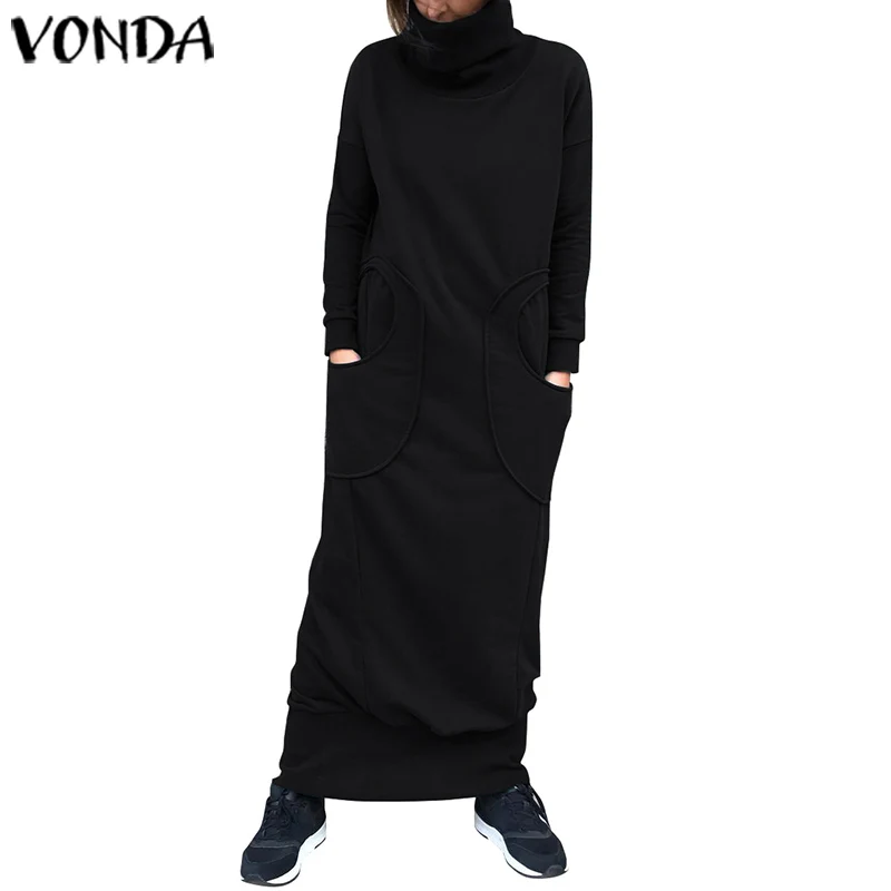 Black VONDA осеннее женское платье с карманами и воротником-стойкой, повседневное свободное Макси платье, Модный свитшот размера плюс, вечернее платье - Цвет: Black