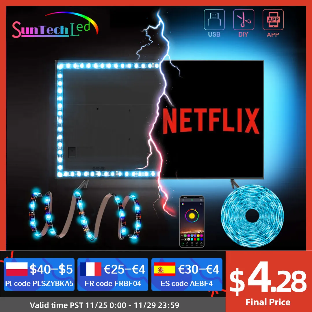 

Suntech Led Strip, Backlight For TV,SMD 5050 USB Powered LED Strip Light, Bluetooth With App Control TV Led Backlight Decoration