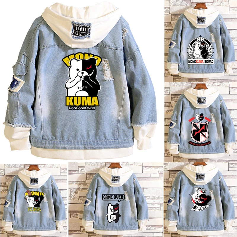 Danganronpa Monokuma Denim Jeans Jacket Hoodies Cosplay Cosroad Costumes Halloween Adult Zipper Hooded Coat