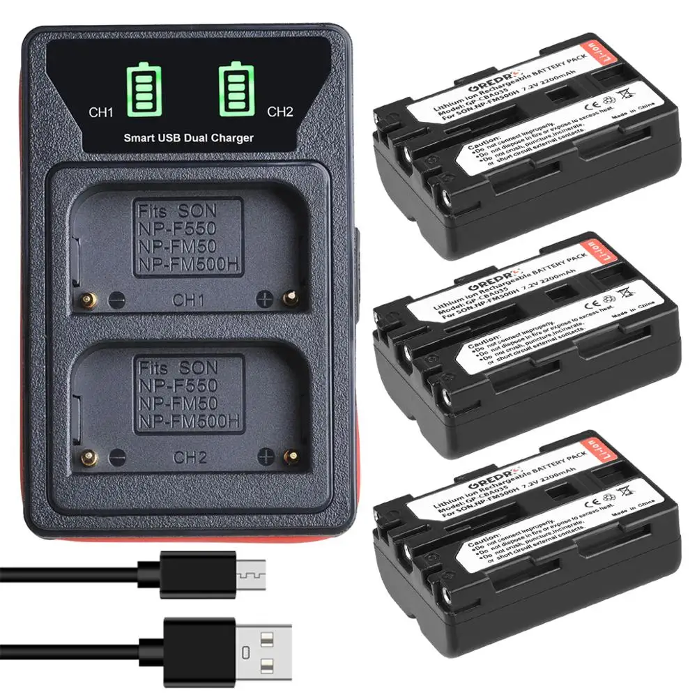 

NP-FM500H Battery + NP FM500H NP-F550 NP-FM50 Charger with USB and Type C port for Sony A200, A200K, A200W, A300, A350, A450