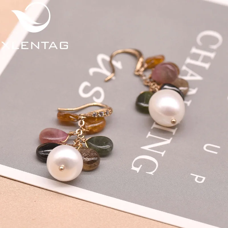 Женские серьги-подвески XlentAg с натуральным жемчугом и турмалиновым кристаллом в