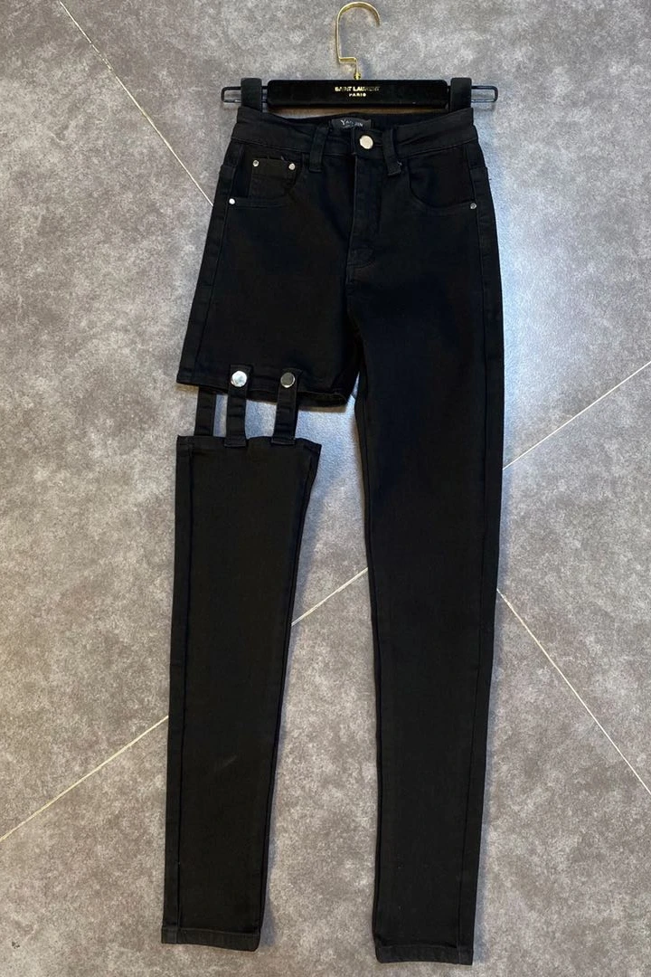 

2021 Autumn New Arrivals High Waist Hollow Out Black Denim Long Pencil Pants Women Streetwear Jeans