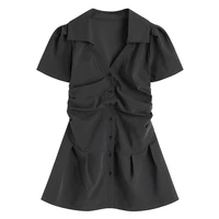 2022 fashion sexy v neck versatile short sleeve shirt dress for womens summer single breasted slim pleated short dress female
