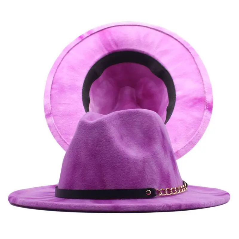 

2021 New Double Side Tie Dye Felt Fedoras Hats With Chain Lady Elegant Wide Brim Blend Jazz Hat Multicolor Party Cap