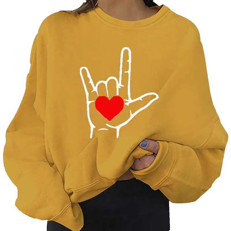 Sweatshirts Women's Fashion Casual Love Heart Print Hooded Loose Sports Tops Pullover Oversized Girls Fall Long Sleeve Big Size