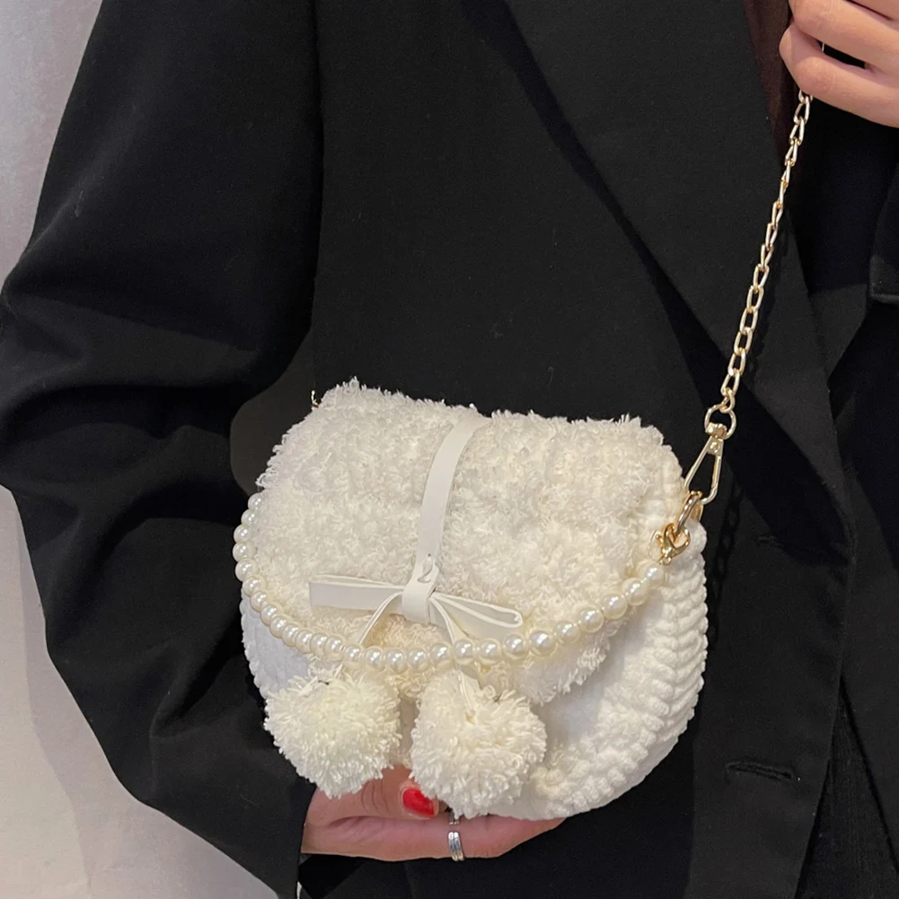 

Trend Women's Bag Plush Hit Color Shoulder Bag Female Casual Pearl Chain Crossbody Bags Autumn Winter Small Knitted Flap Purse