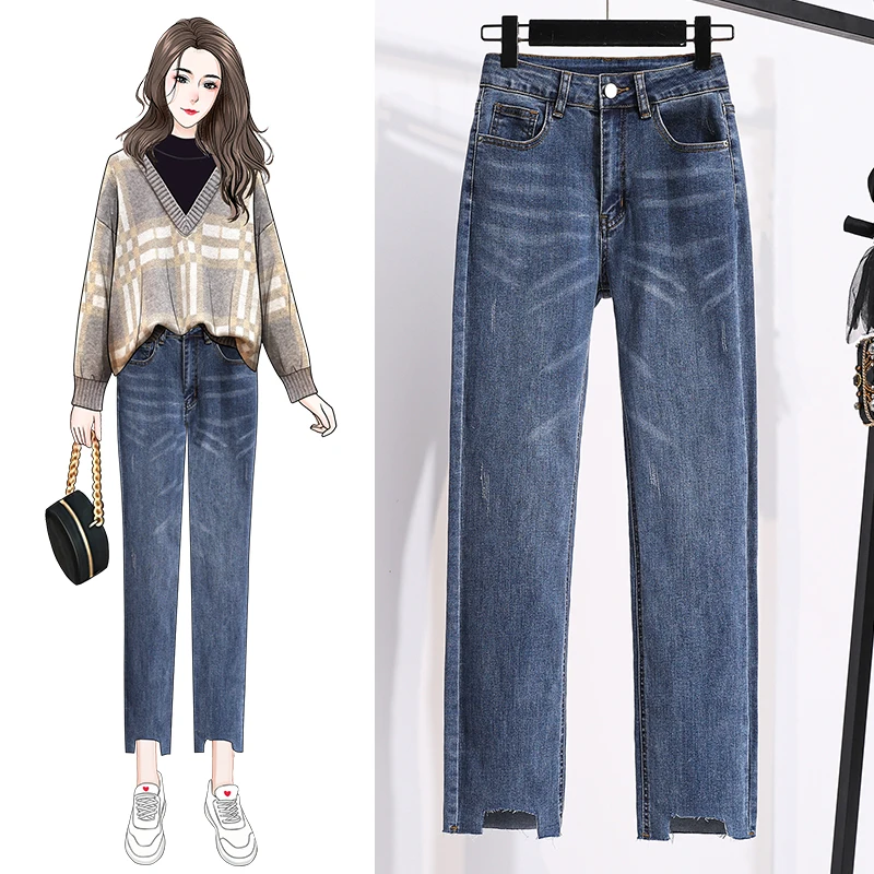 Women's High Waist Jeans Fashion Plus Size Spring and Autumn Blue Slim Irregular Cropped Trousers Elastic Straight Long Pants