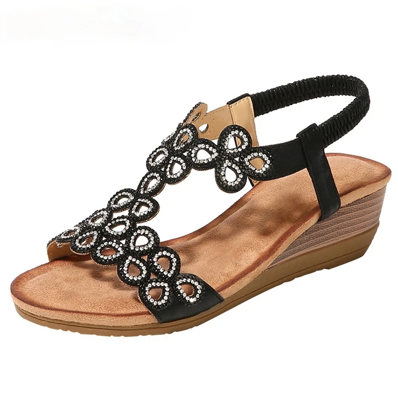 

2021 Women Ladies Crystal Casual Wedges Elastic Band Bohemian Beach Sexy High Quality Outsid Ladies Crystal Shoes