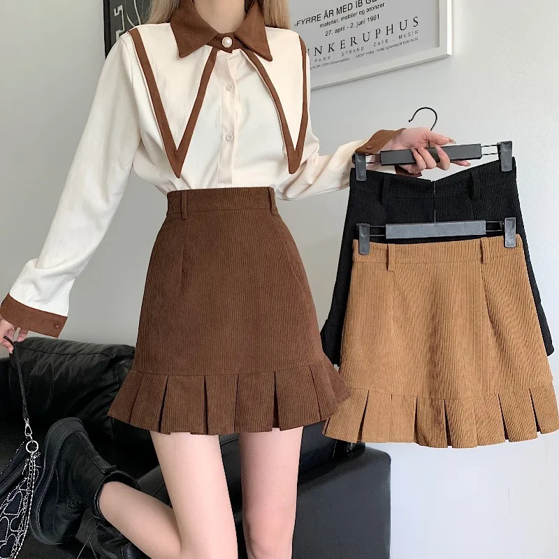 Sexy Y2K Corduroy Mermaid Pleated Skirts Women 2022 Vintage Casual Slim School Girl Style Mini Skirt Cute Kawaii Trimpet Skirt