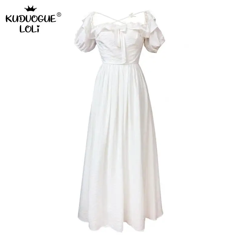 Женское летнее платье в стиле ретро милое белое ТРАПЕЦИЕВИДНОЕ миди с пышными
