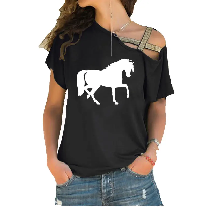 

Animal Horse Print Funny T Shirt Summer Short Sleeve Women Irregular Skew Cross Bandage cotton tees