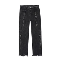 2021 vibe style adjust strap black vintage men cargo jeans trousers rough edges moto biker straight hip hop denim pants spodnie