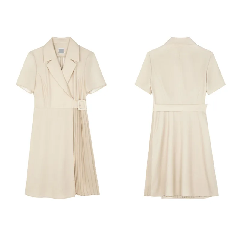 

Dress 2021 Female Solid Office 2021 Patchwork Folds Casual Women's Dresses Sashes Short Sleeve Elegant Summer Women's Dress 2021