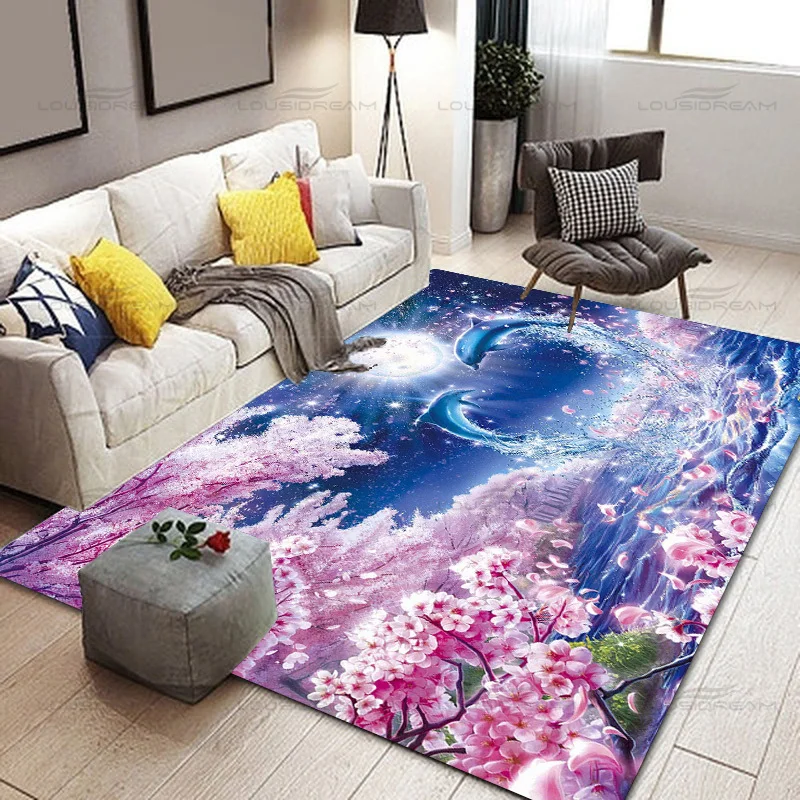 

Dolphin Art Painting Decorative Carpet Square Flannel Sea Animal Pattern Carpet Modern Home Living Room Floor Mat Bedroom Rug