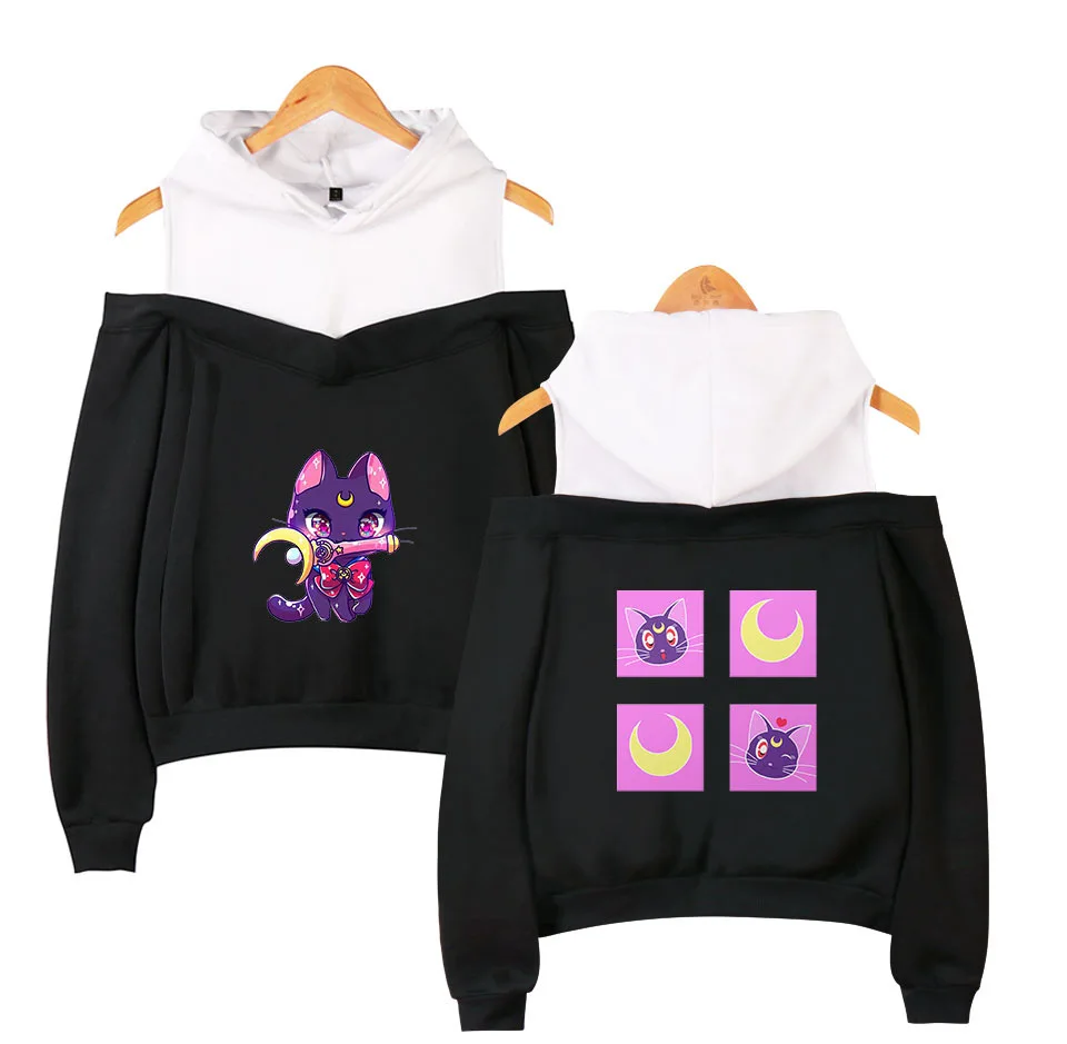 

Sailor Moon Hoodie Kawaii Clothes Tops Women Hoodie Harajuku Sailormoon Cat Shirt Off-shoulder Sweatshirt Femme Girls Woman