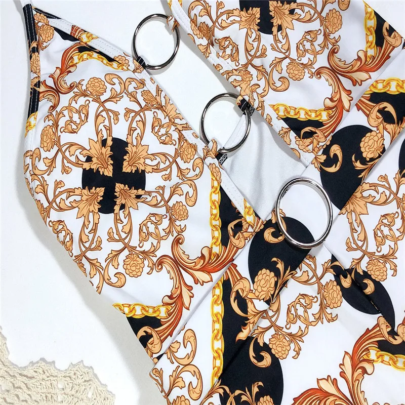 

New Women Sexy One piece set bikini Swimwear Printed Hollow Sling Bandage Swimsuit plus size conservative Sexy Bikini Swimsuits