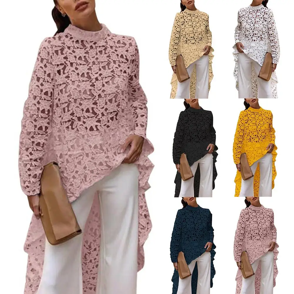 Женская ажурная блузка однотонная кружевная с круглым вырезом и высоким низким