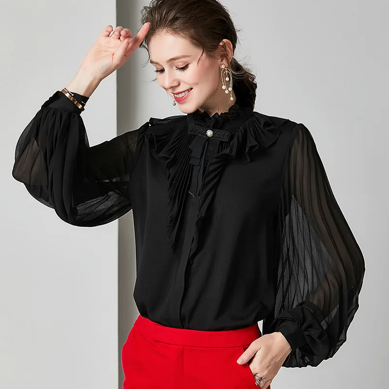 Women Blouse Real Silk Shirt Womens Tops and Blouses Elegant Long Sleeve Shirts Office Wear Fashion Clothes 924011