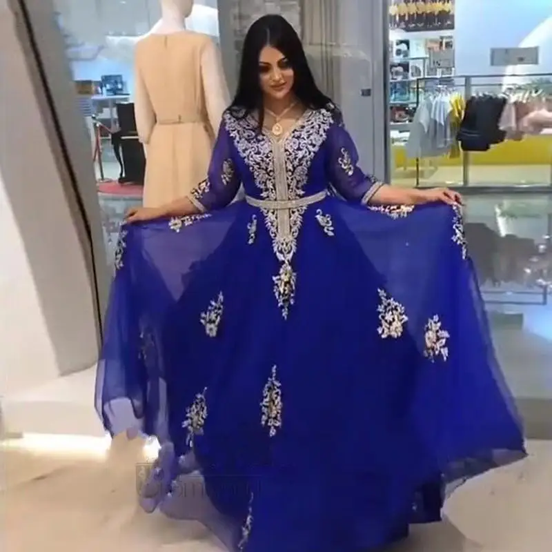 

Royal Blue Moroccan Kaftan Prom Dresses 2021 Half Sleeves Appliques Gold Lace Dubai Arabic Muslim Special Occasion Gown Formal