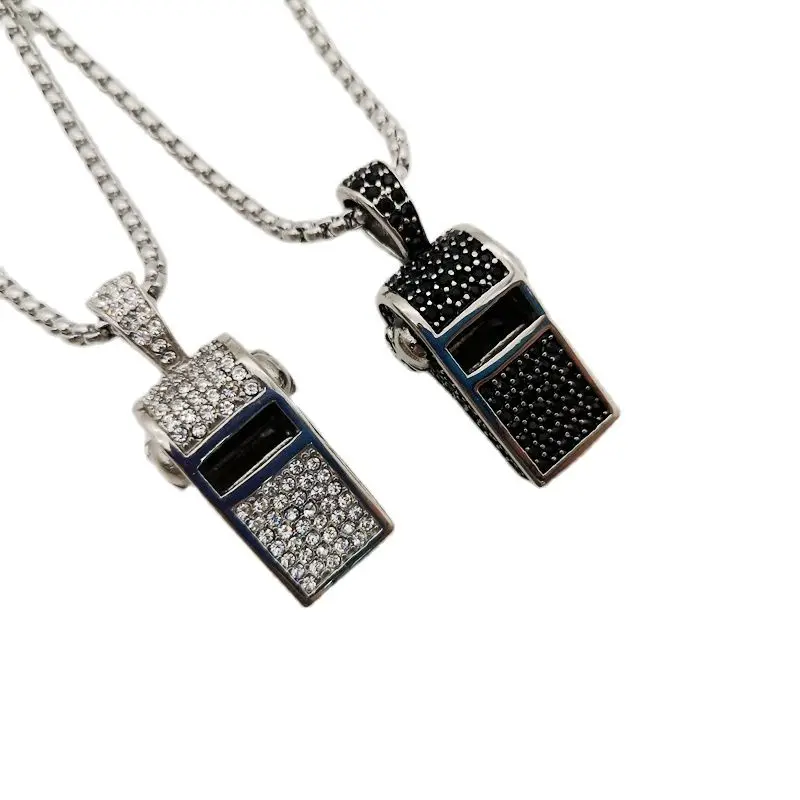 

2020 New arrival 316L Stainless steel whistle pendant necklace full CZ stones high quality whistle men women fashion necklace
