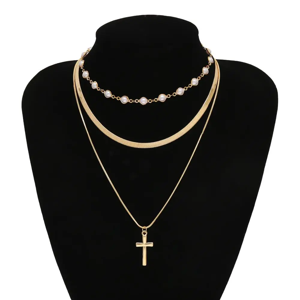 

Gothic Vintage Cross Jesus Pendant Choker Necklace Punk Multi Layer Baroque Pearl Gold Color Chain Necklace Best Friend Jewelry