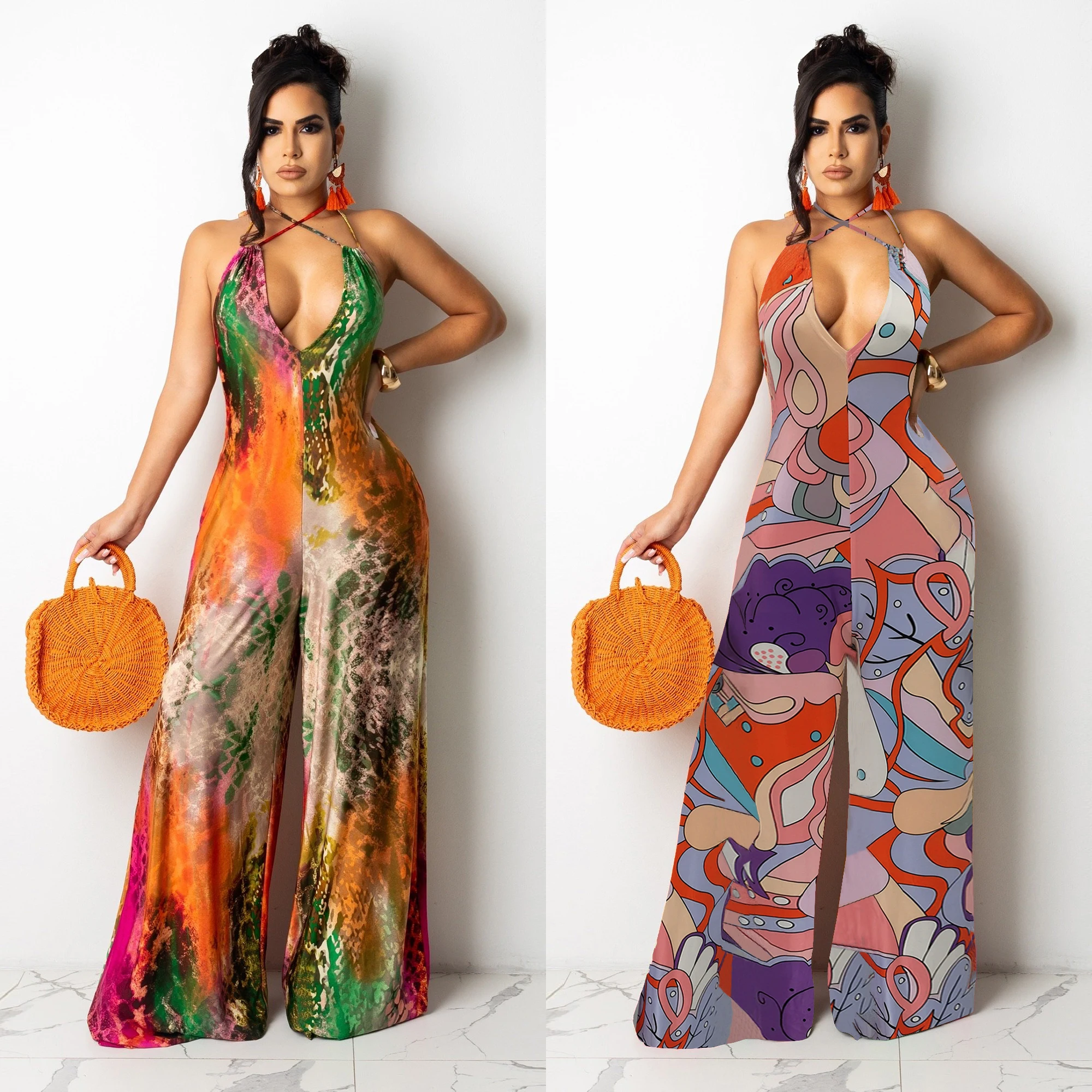 

2021 Women's Fashion New Autumn Chiffon Print Sexy Slim Boho Style Deep V Suspenders Elegant Ladies Loose Wide Leg Jumpsuit Pant