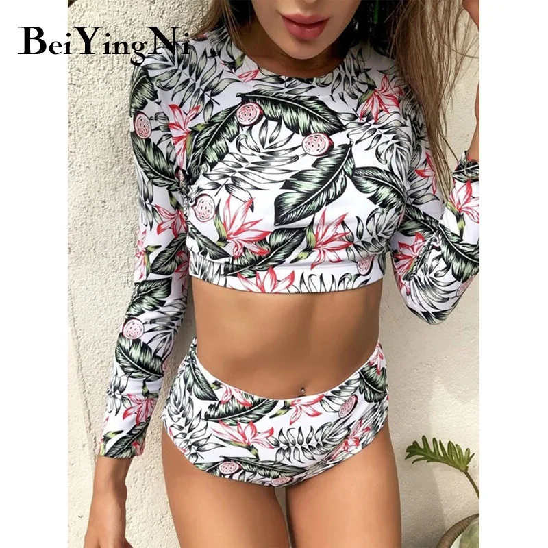 

Beiyingni 2021 New Fashion Long Sleeve Bikini Set Floral Print High Waist Panties Tops Brazilian Bathing Suit Biquini Swimsuit