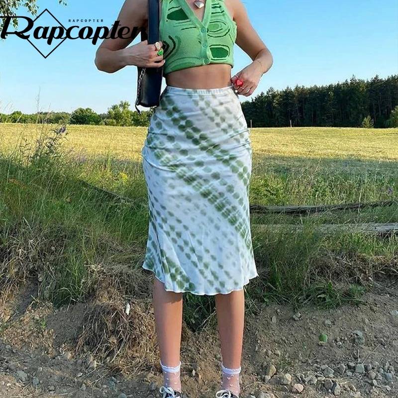 Rapcopter Tie Dye y2k Skirts Frill Long Mid-Calf Straight Skirts Women High Waist Cute Retro Party Outfits Holiday Bottom New