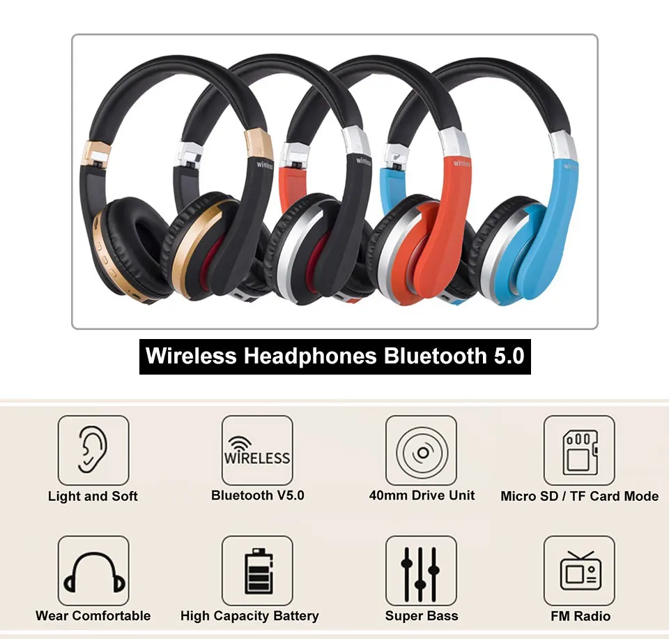 Беспроводные наушники Bluetooth 5,0 наушники с микрофоном слот для sd-карты шумоподавление супер бас для телефона PC tv PS4
