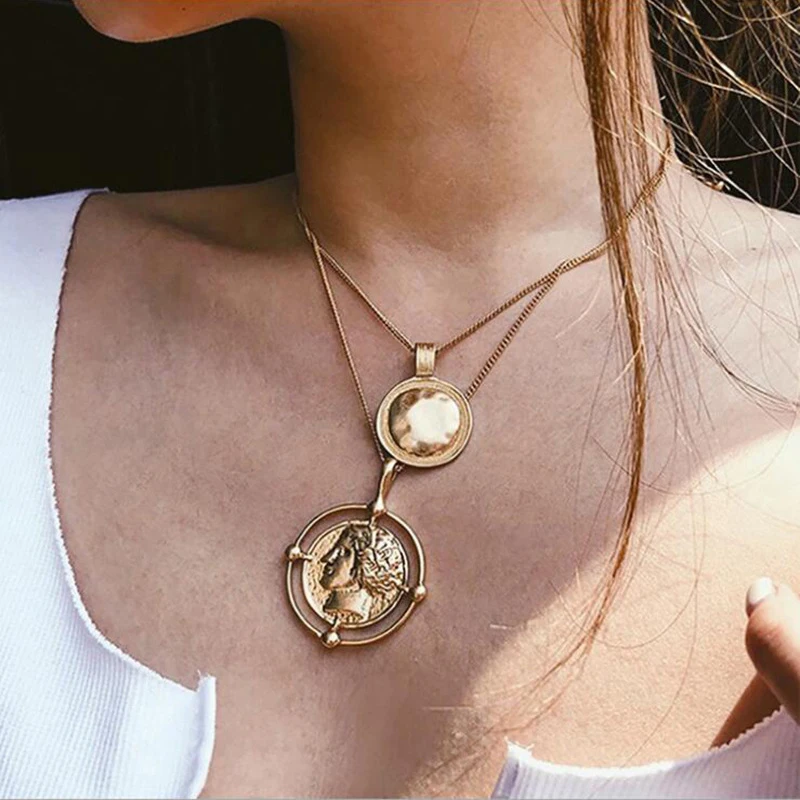 

SUMENG New Gold/Silver Color Hanging Portrait Coin Chain Choker Necklace Female Layered Charms Pendant Bohemia Jewelry Gift 2023