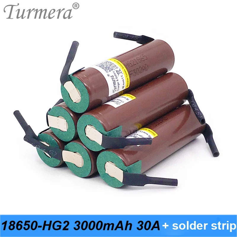 Turmera original inr18650 hg2 18650 3000 мАч 30a с пайкой для шуруповерта и аккумулятора