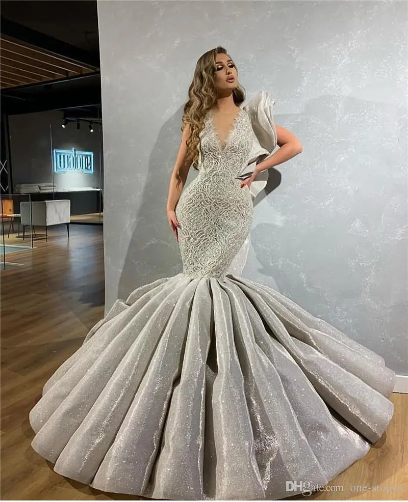 Сексуальные Серебряные Свадебные платья Русалка блестящие пайетки 2020 Глубокий